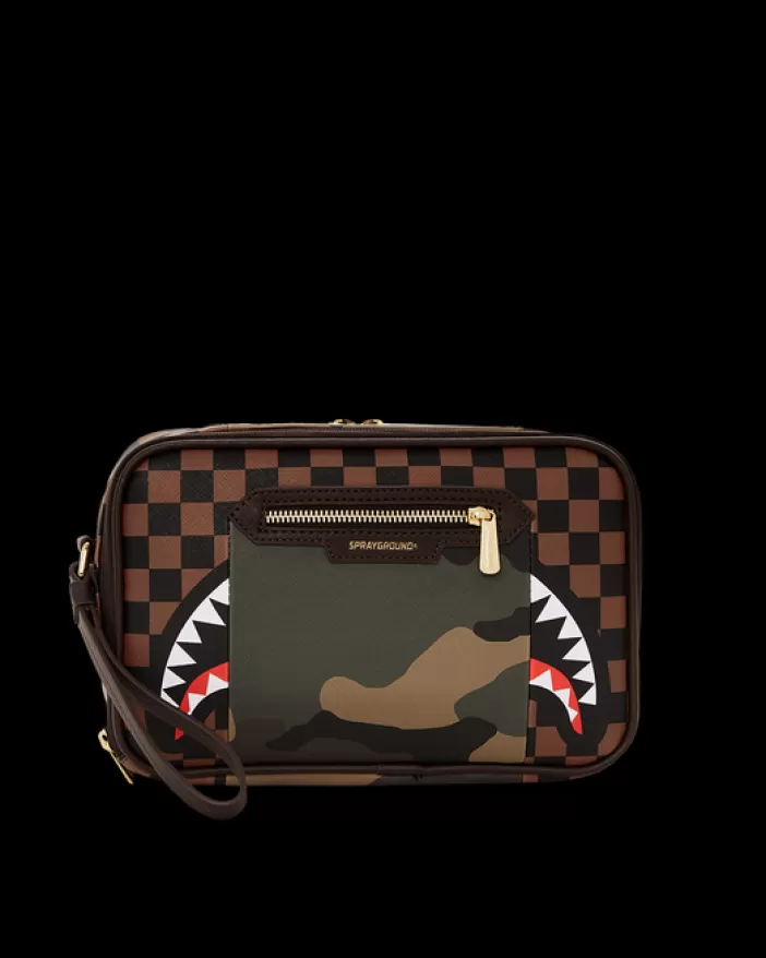 TOILETRIES AKA MONEY BAGS*Sprayground EXTERIOR GOLD ZIP POCKET SHARKS IN PARIS TOILETRY BRICKSIDE BAG