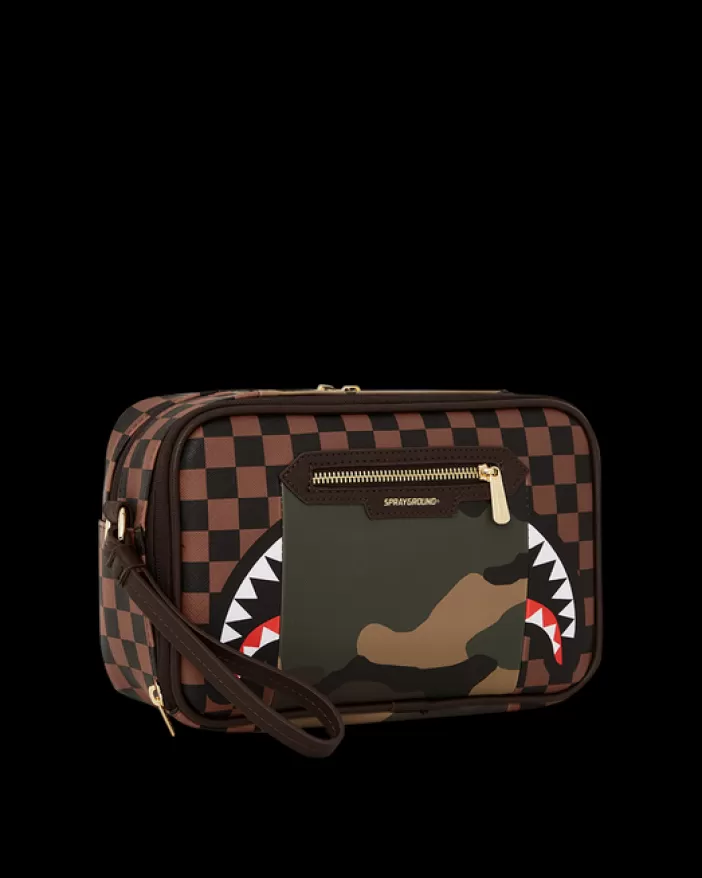 TOILETRIES AKA MONEY BAGS*Sprayground EXTERIOR GOLD ZIP POCKET SHARKS IN PARIS TOILETRY BRICKSIDE BAG